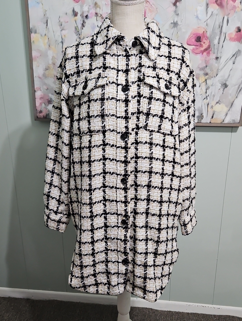 Marled Black and White Windowpane Tweed Shirt Jacket MEDIUM